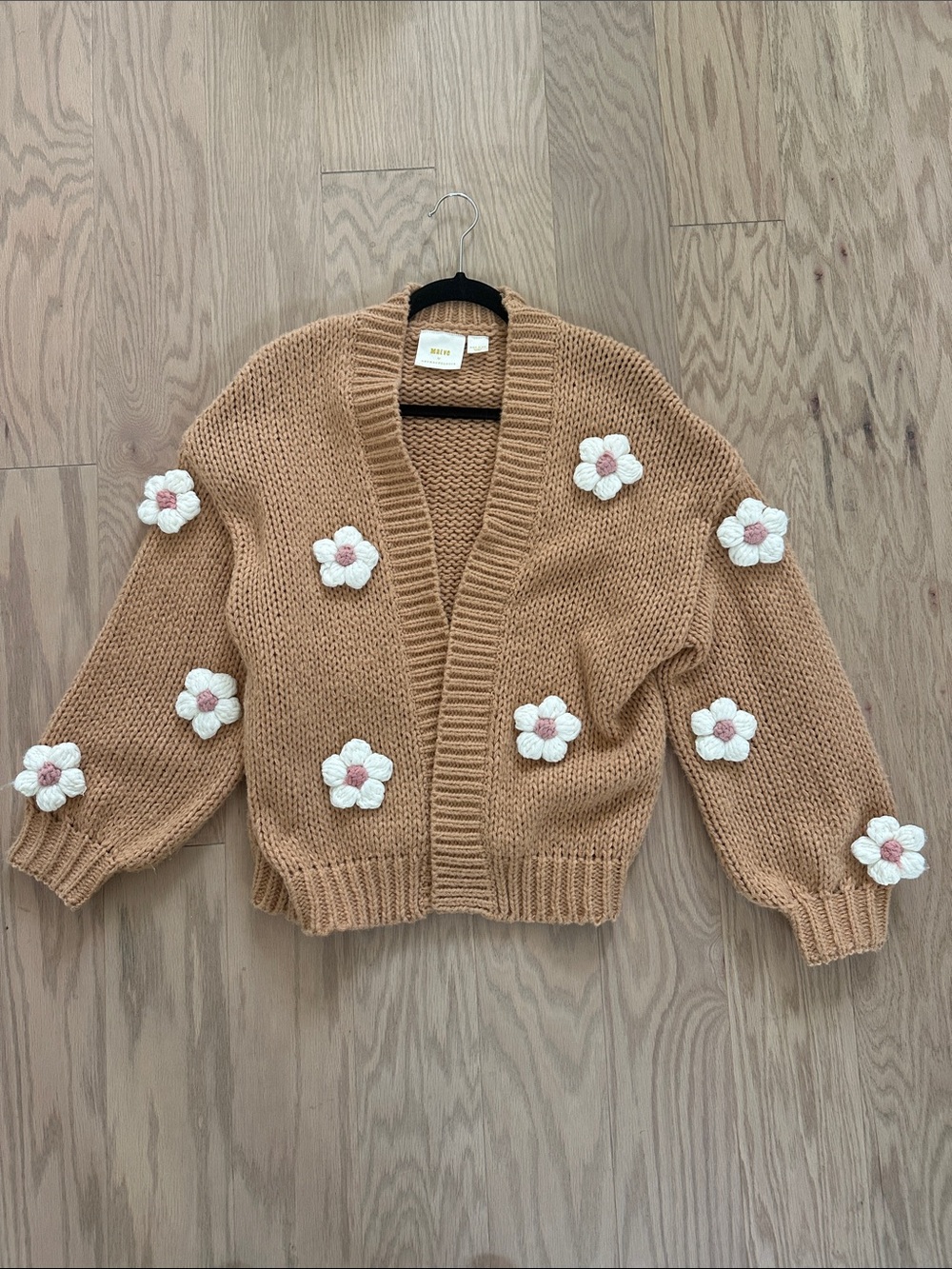 Anthropologie Chunky Tan Flower-Applique Cardigan Sweater - Women